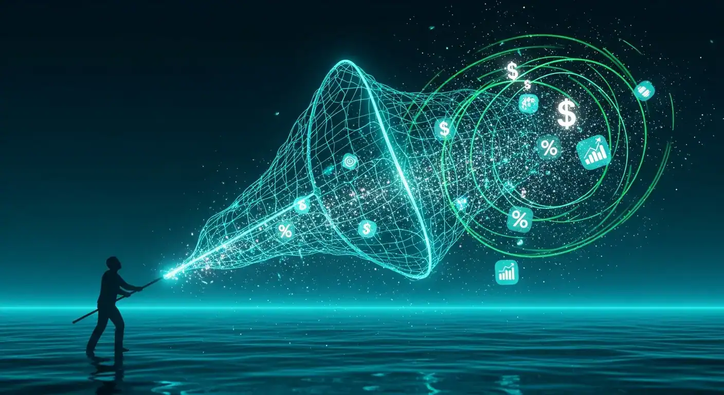 Digital Finance Acquisition: Net catching money symbols and growth charts.